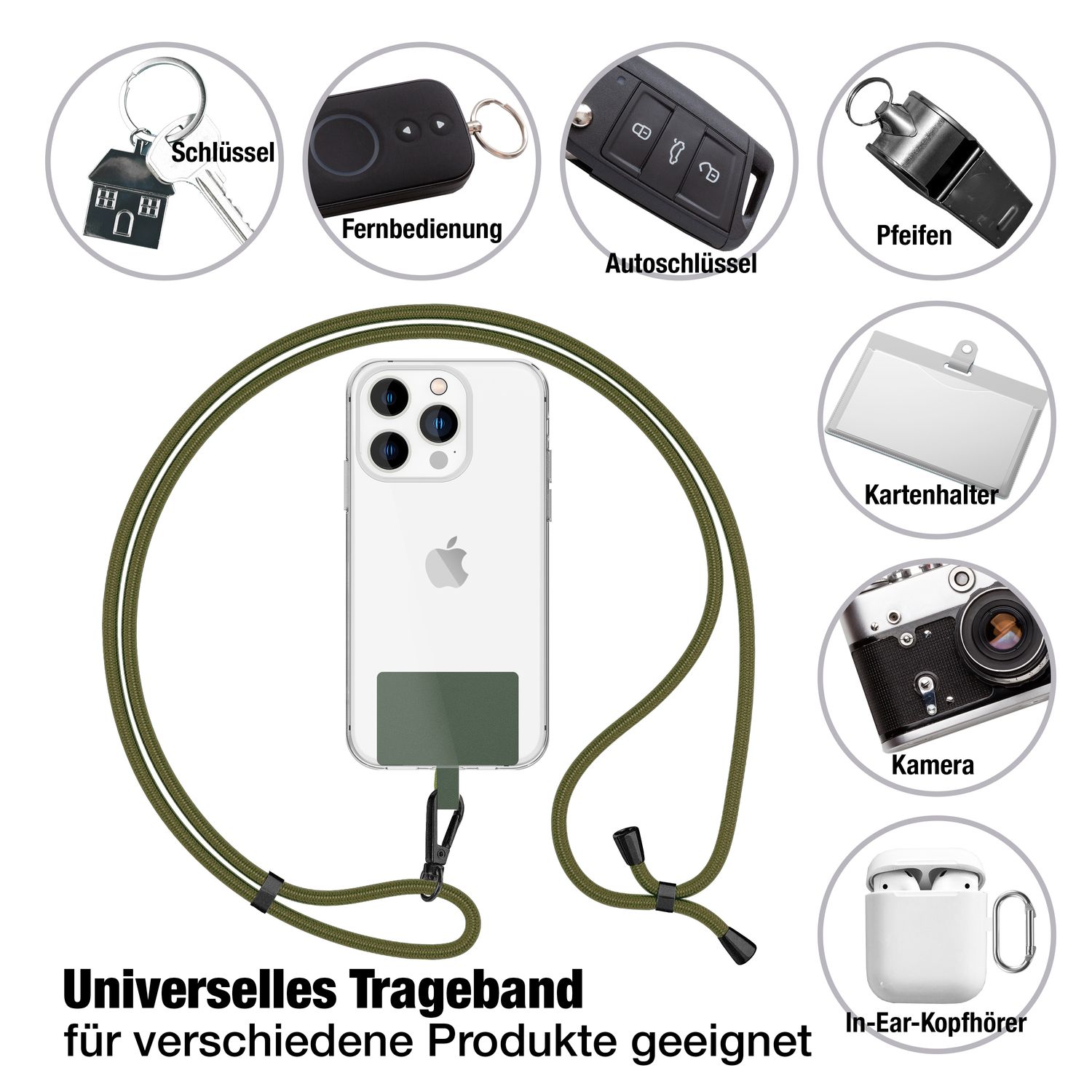 NALIA Universal-Kette mit Pad, Band für Handy-Hülle zum Umhängen, Karabinerhaken aus Metall (matt schwarz), Schlüsselband Umhängeband 160 CM, Crossbody Lanyard Oliv Grün NALIA Universal Handykette