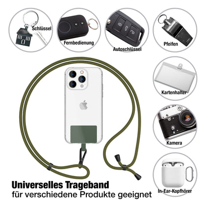 NALIA Universal-Kette mit Pad, Band für Handy-Hülle zum Umhängen, Karabinerhaken aus Metall (matt schwarz), Schlüsselband Umhängeband 160 CM, Crossbody Lanyard Oliv Grün NALIA Universal Handykette
