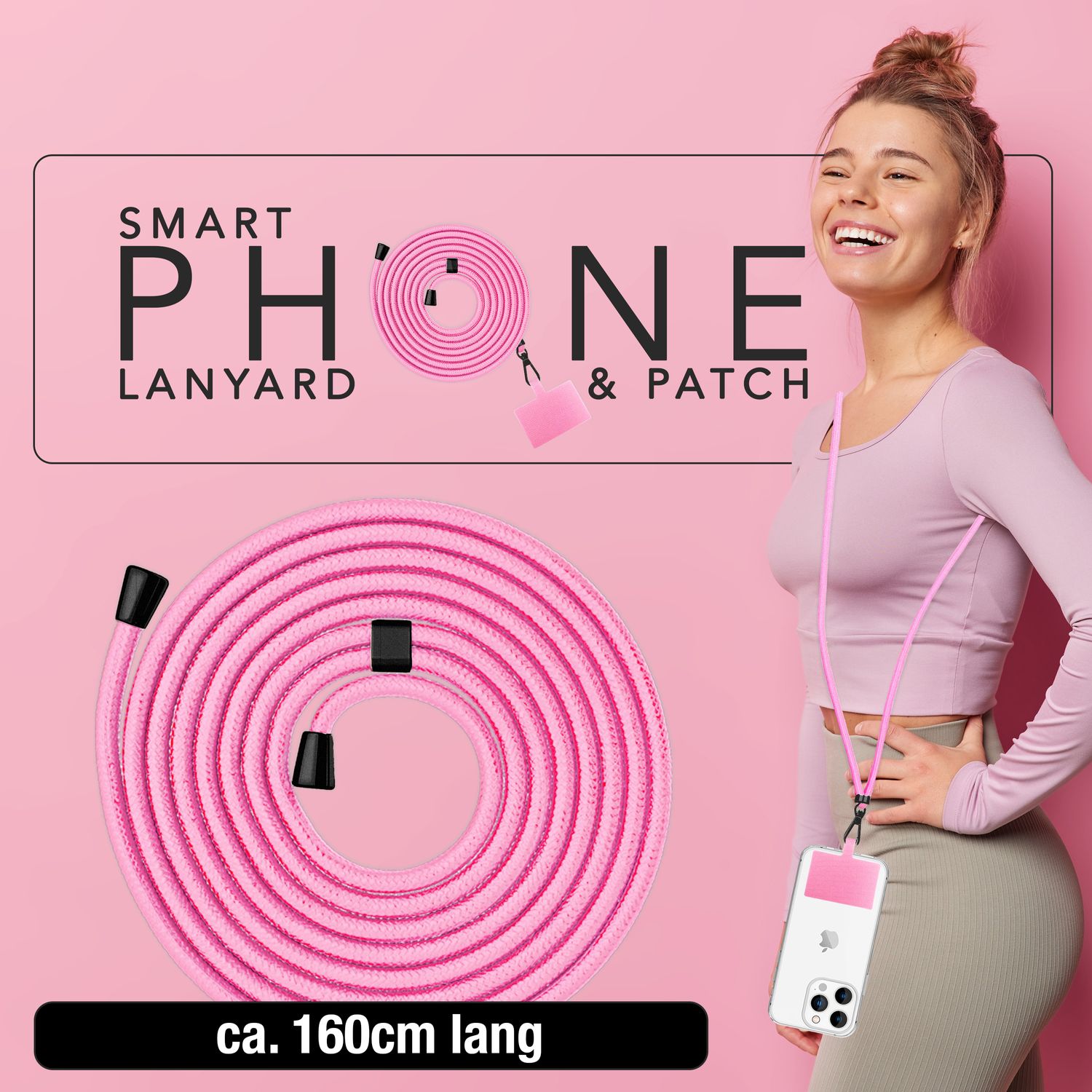 NALIA Universal-Kette mit Pad, Band für Handy-Hülle zum Umhängen, Karabinerhaken aus Metall (matt schwarz), Schlüsselband Umhängeband 160 CM, Crossbody Lanyard Rosa NALIA Universal Handykette