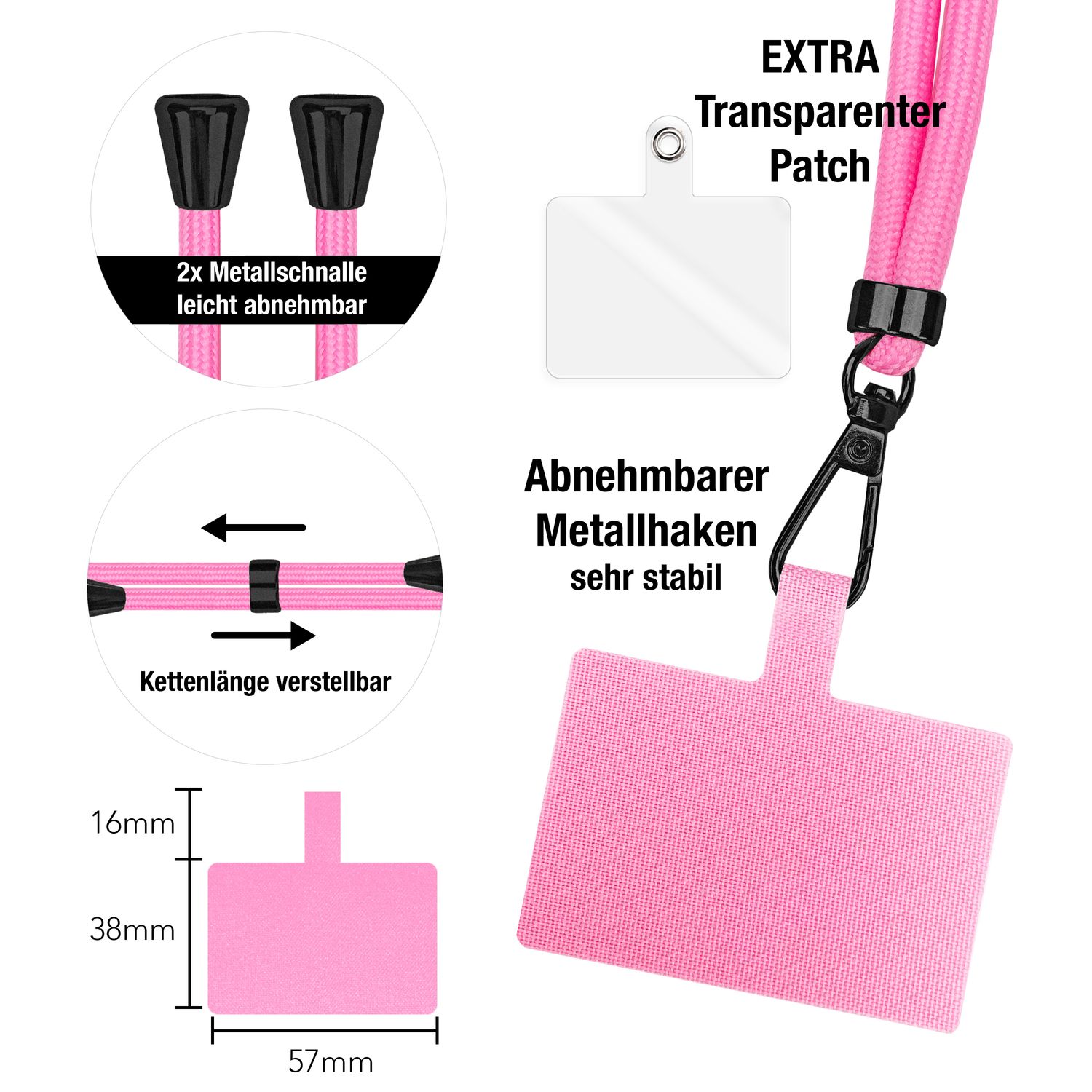 NALIA Universal-Kette mit Pad, Band für Handy-Hülle zum Umhängen, Karabinerhaken aus Metall (matt schwarz), Schlüsselband Umhängeband 160 CM, Crossbody Lanyard Rosa NALIA Universal Handykette