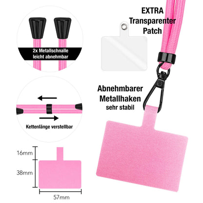 NALIA Universal-Kette mit Pad, Band für Handy-Hülle zum Umhängen, Karabinerhaken aus Metall (matt schwarz), Schlüsselband Umhängeband 160 CM, Crossbody Lanyard Rosa NALIA Universal Handykette