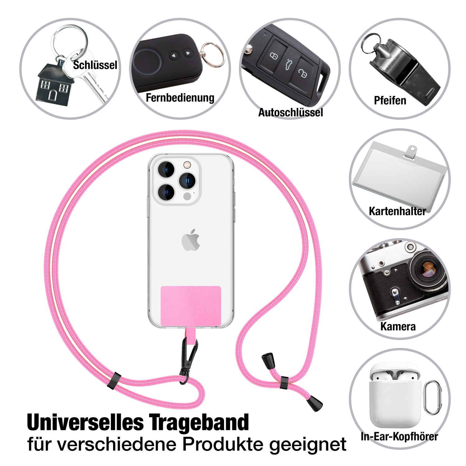 NALIA Universal-Kette mit Pad, Band für Handy-Hülle zum Umhängen, Karabinerhaken aus Metall (matt schwarz), Schlüsselband Umhängeband 160 CM, Crossbody Lanyard Rosa NALIA Universal Handykette