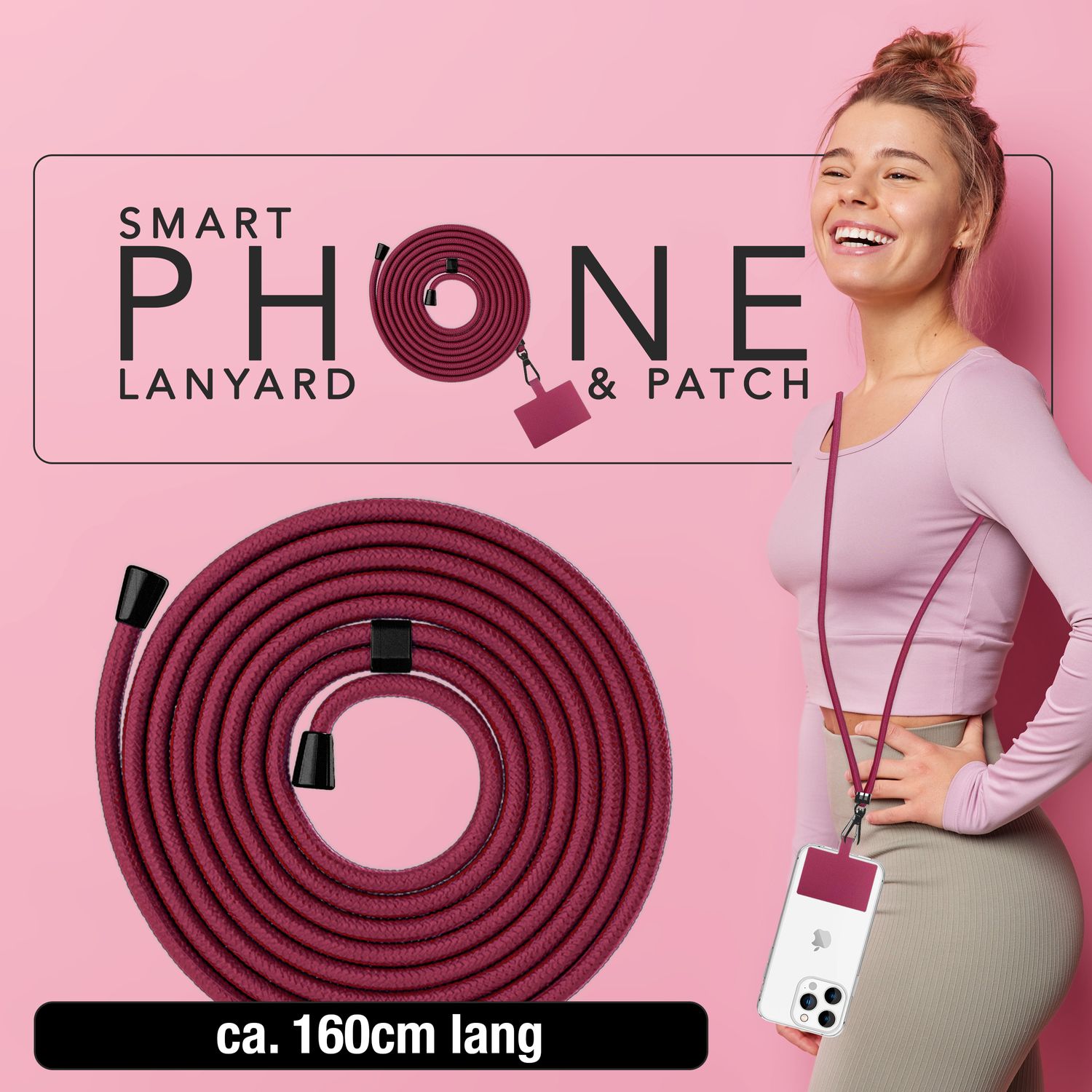 NALIA Universal-Kette mit Pad, Band für Handy-Hülle zum Umhängen, Karabinerhaken aus Metall (matt schwarz), Schlüsselband Umhängeband 160 CM, Crossbody Lanyard Bordeaux NALIA Universal Handykette