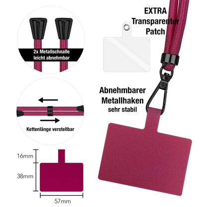 NALIA Universal-Kette mit Pad, Band für Handy-Hülle zum Umhängen, Karabinerhaken aus Metall (matt schwarz), Schlüsselband Umhängeband 160 CM, Crossbody Lanyard Bordeaux NALIA Universal Handykette