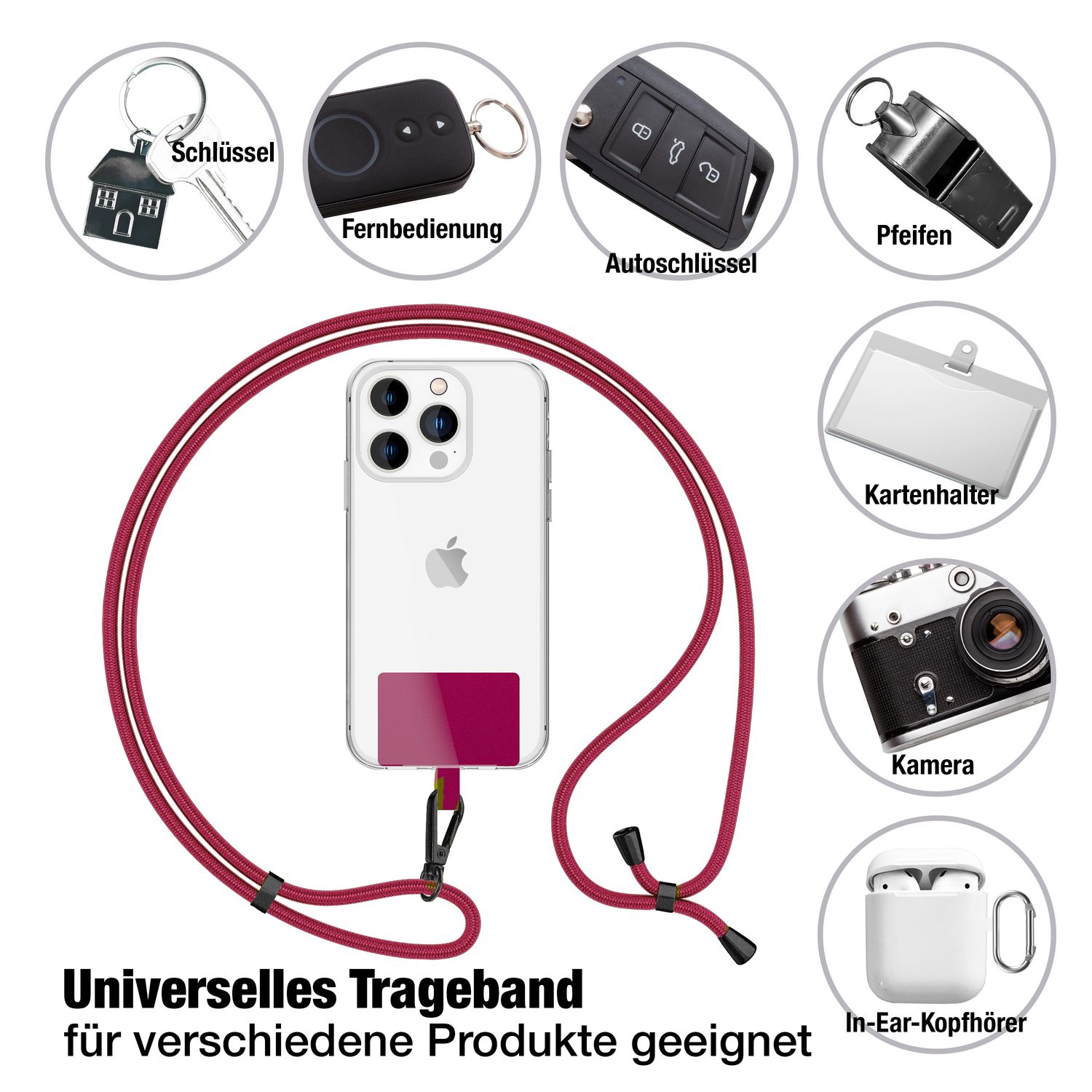 NALIA Universal-Kette mit Pad, Band für Handy-Hülle zum Umhängen, Karabinerhaken aus Metall (matt schwarz), Schlüsselband Umhängeband 160 CM, Crossbody Lanyard Bordeaux NALIA Universal Handykette