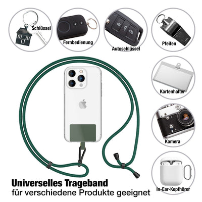 NALIA Universal Handykette für alle Smartphones – Robuste Kordel & 2 Patches – HOLDME AIR (Klassisches Lanyard mit Mattschwarzem Karabiner) – Marke aus Berlin