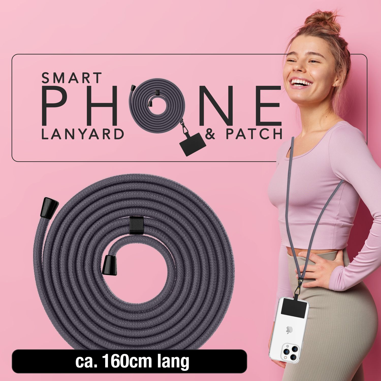 NALIA Universal-Kette mit Pad, Band für Handy-Hülle zum Umhängen, Karabinerhaken aus Metall (matt schwarz), Schlüsselband Umhängeband 160 CM, Crossbody Lanyard Dunkelgrau NALIA Universal Handykette