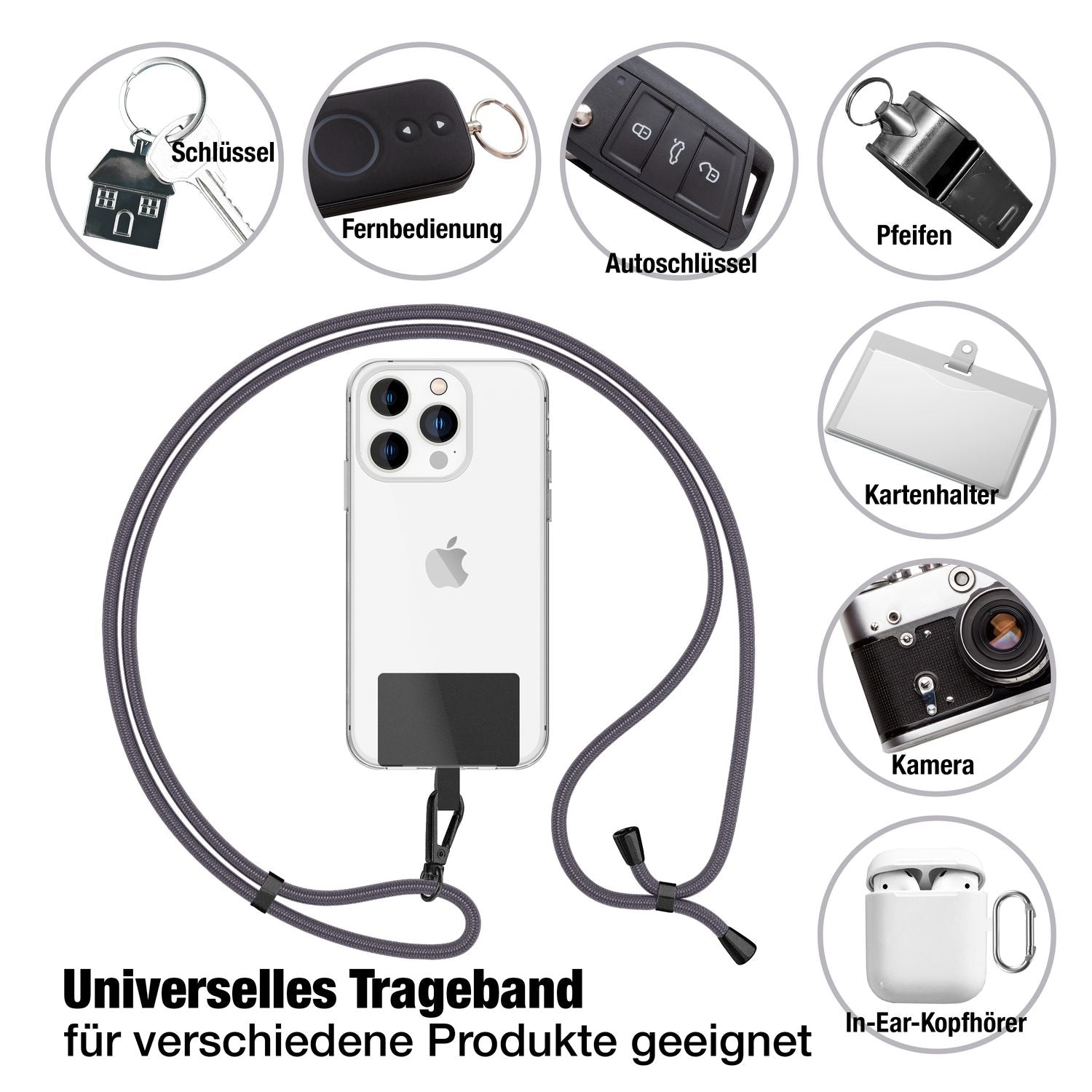 NALIA Universal-Kette mit Pad, Band für Handy-Hülle zum Umhängen, Karabinerhaken aus Metall (matt schwarz), Schlüsselband Umhängeband 160 CM, Crossbody Lanyard Dunkelgrau NALIA Universal Handykette
