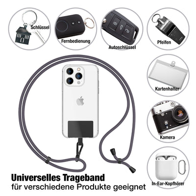 NALIA Universal Handykette für alle Smartphones – Robuste Kordel & 2 Patches – HOLDME AIR (Klassisches Lanyard mit Mattschwarzem Karabiner) – Marke aus Berlin