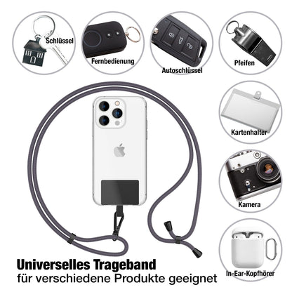 NALIA Universal-Kette mit Pad, Band für Handy-Hülle zum Umhängen, Karabinerhaken aus Metall (matt schwarz), Schlüsselband Umhängeband 160 CM, Crossbody Lanyard Dunkelgrau NALIA Universal Handykette