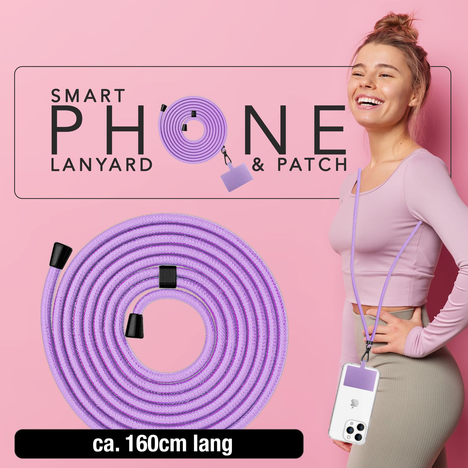 NALIA Universal-Kette mit Pad, Band für Handy-Hülle zum Umhängen, Karabinerhaken aus Metall (matt schwarz), Schlüsselband Umhängeband 160 CM, Crossbody Lanyard Lila NALIA Universal Handykette