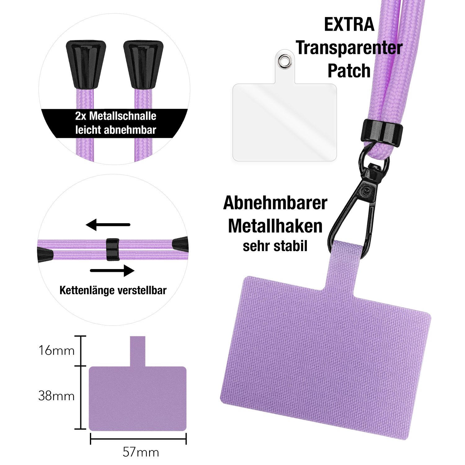 NALIA Universal-Kette mit Pad, Band für Handy-Hülle zum Umhängen, Karabinerhaken aus Metall (matt schwarz), Schlüsselband Umhängeband 160 CM, Crossbody Lanyard Lila NALIA Universal Handykette