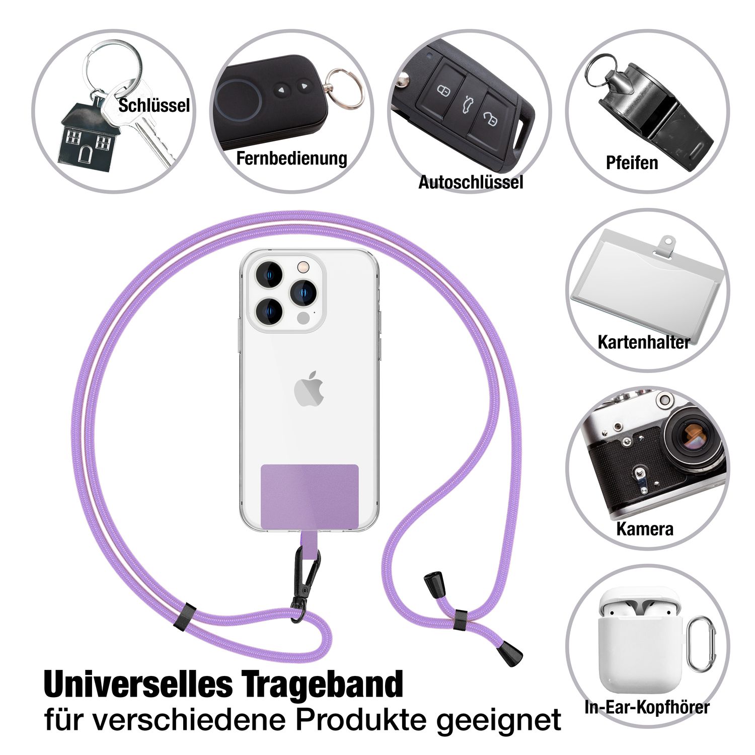 NALIA Universal-Kette mit Pad, Band für Handy-Hülle zum Umhängen, Karabinerhaken aus Metall (matt schwarz), Schlüsselband Umhängeband 160 CM, Crossbody Lanyard Lila NALIA Universal Handykette