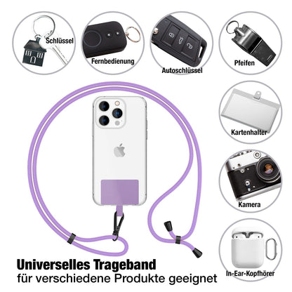NALIA Universal-Kette mit Pad, Band für Handy-Hülle zum Umhängen, Karabinerhaken aus Metall (matt schwarz), Schlüsselband Umhängeband 160 CM, Crossbody Lanyard Lila NALIA Universal Handykette