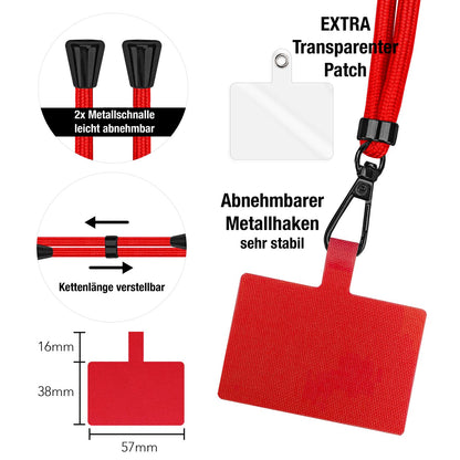 NALIA Universal-Kette mit Pad, Band für Handy-Hülle zum Umhängen, Karabinerhaken aus Metall (matt schwarz), Schlüsselband Umhängeband 160 CM, Crossbody Lanyard Rot NALIA Universal Handykette