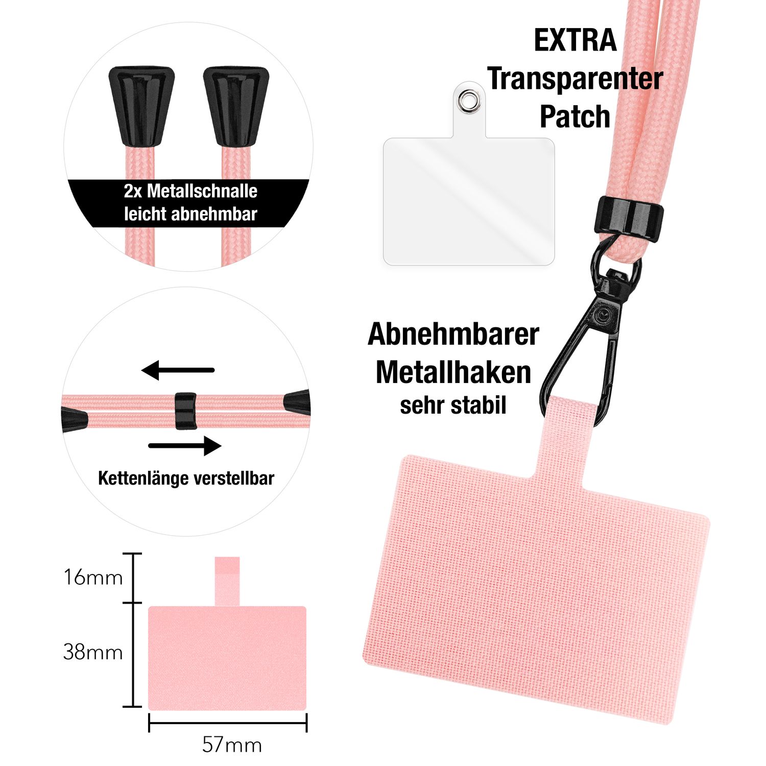 NALIA Universal-Kette mit Pad, Band für Handy-Hülle zum Umhängen, Karabinerhaken aus Metall (matt schwarz), Schlüsselband Umhängeband 160 CM, Crossbody Lanyard Pastell Rosa NALIA Universal Handykette
