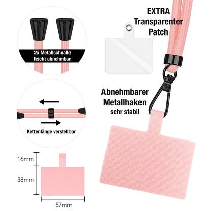 NALIA Universal-Kette mit Pad, Band für Handy-Hülle zum Umhängen, Karabinerhaken aus Metall (matt schwarz), Schlüsselband Umhängeband 160 CM, Crossbody Lanyard Pastell Rosa NALIA Universal Handykette