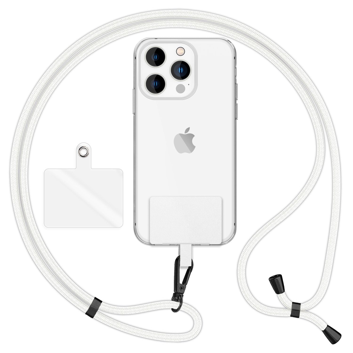 NALIA Universal-Kette mit Pad, Band für Handy-Hülle zum Umhängen, Karabinerhaken aus Metall (matt schwarz), Schlüsselband Umhängeband 160 CM, Crossbody Lanyard Weiß NALIA Universal Handykette