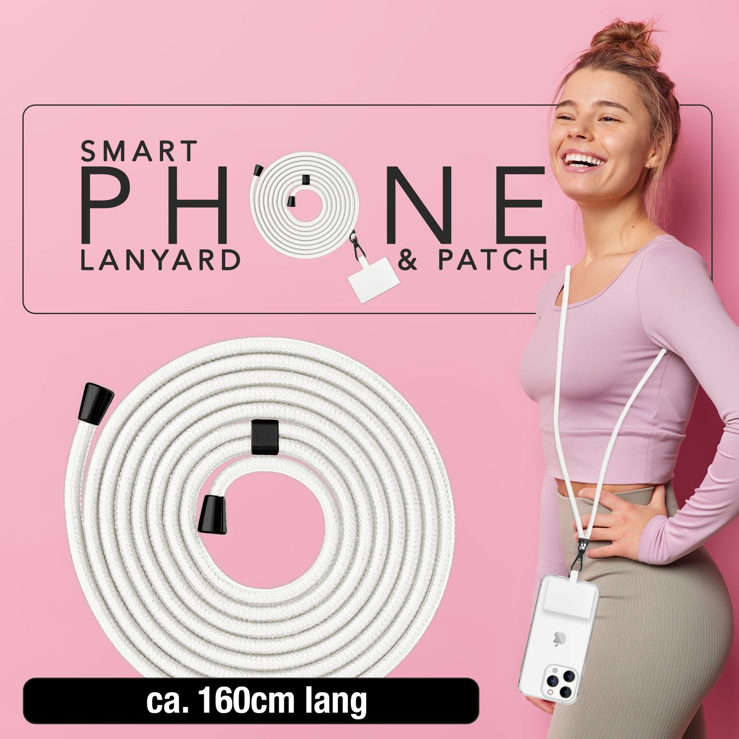 NALIA Universal-Kette mit Pad, Band für Handy-Hülle zum Umhängen, Karabinerhaken aus Metall (matt schwarz), Schlüsselband Umhängeband 160 CM, Crossbody Lanyard Weiß NALIA Universal Handykette