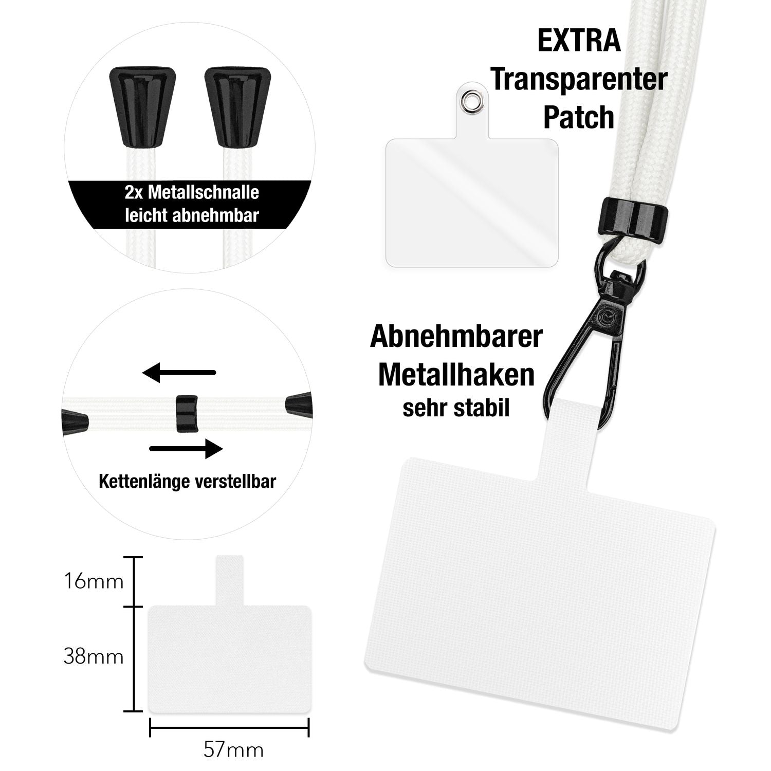 NALIA Universal-Kette mit Pad, Band für Handy-Hülle zum Umhängen, Karabinerhaken aus Metall (matt schwarz), Schlüsselband Umhängeband 160 CM, Crossbody Lanyard Weiß NALIA Universal Handykette
