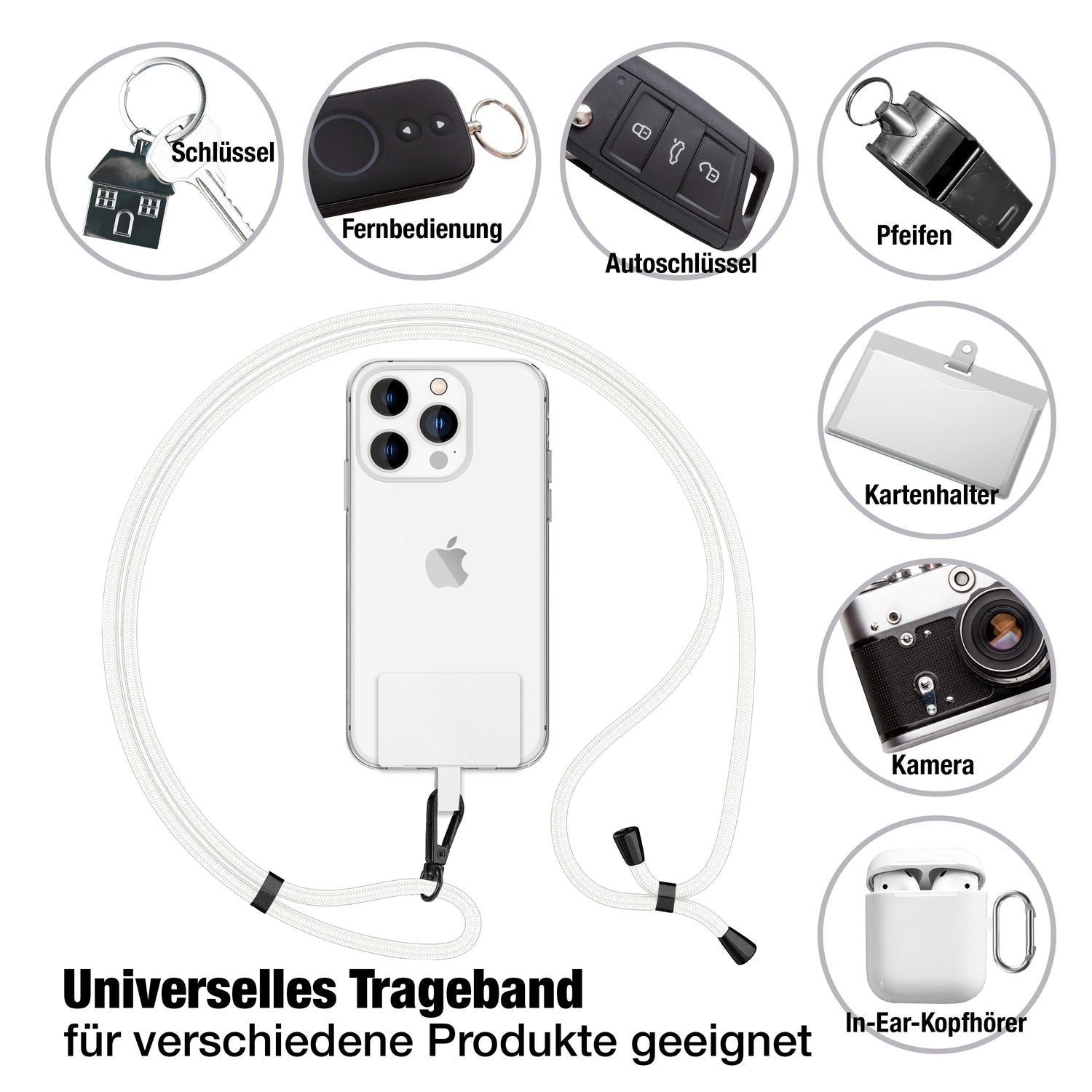 NALIA Universal-Kette mit Pad, Band für Handy-Hülle zum Umhängen, Karabinerhaken aus Metall (matt schwarz), Schlüsselband Umhängeband 160 CM, Crossbody Lanyard Weiß NALIA Universal Handykette