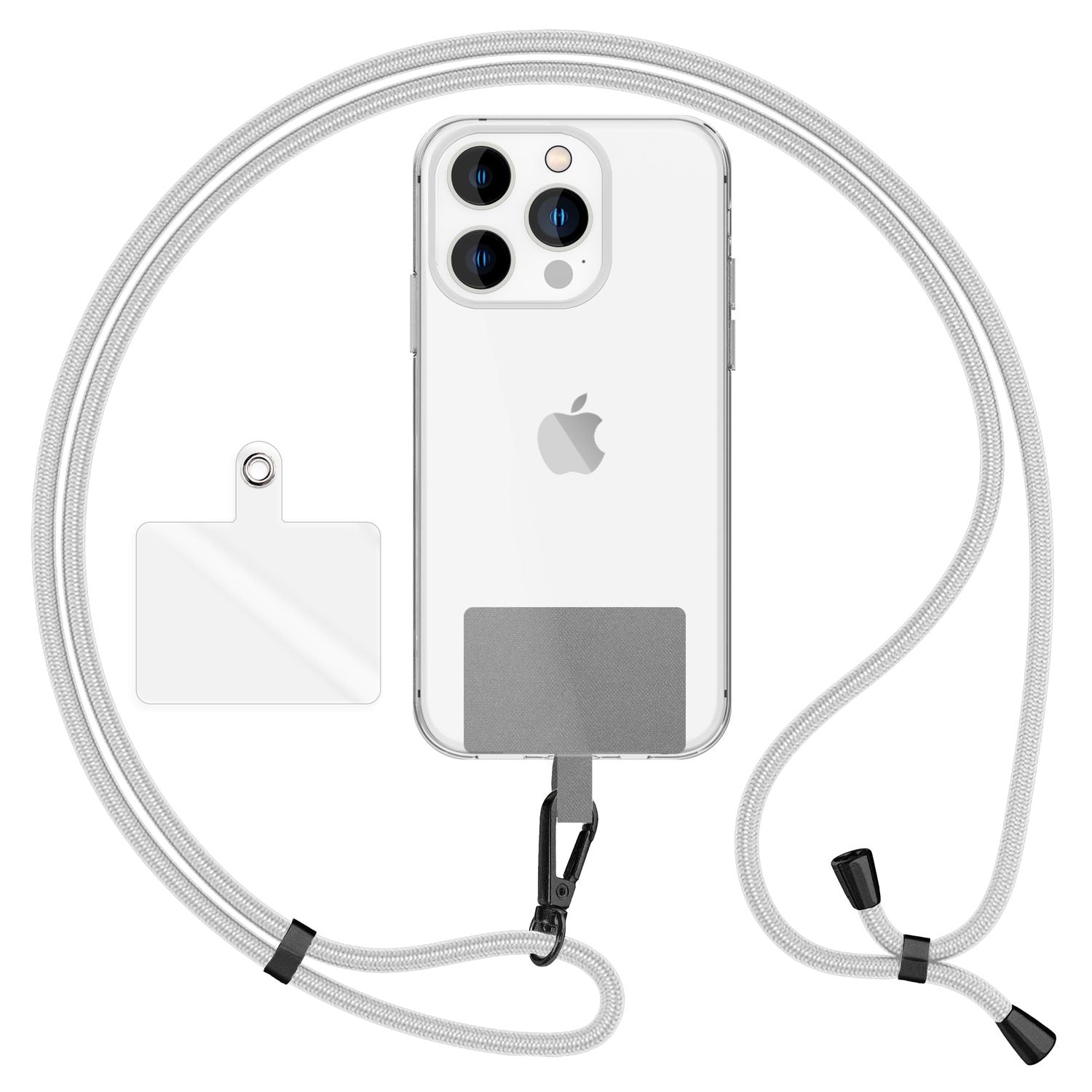 NALIA Universal-Kette mit Pad, Band für Handy-Hülle zum Umhängen, Karabinerhaken aus Metall (matt schwarz), Schlüsselband Umhängeband 160 CM, Crossbody Lanyard Hellgrau NALIA Universal Handykette