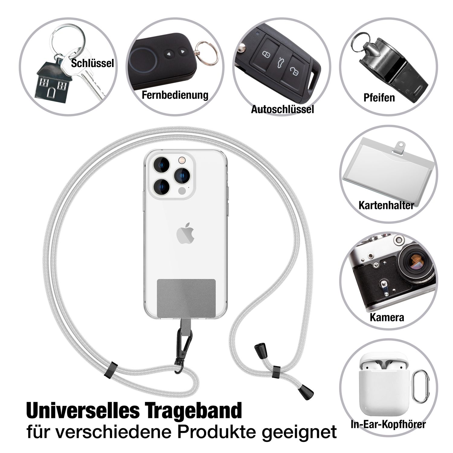 NALIA Universal-Kette mit Pad, Band für Handy-Hülle zum Umhängen, Karabinerhaken aus Metall (matt schwarz), Schlüsselband Umhängeband 160 CM, Crossbody Lanyard Hellgrau NALIA Universal Handykette
