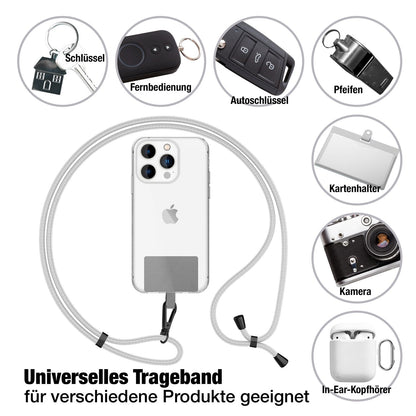 NALIA Universal-Kette mit Pad, Band für Handy-Hülle zum Umhängen, Karabinerhaken aus Metall (matt schwarz), Schlüsselband Umhängeband 160 CM, Crossbody Lanyard Hellgrau NALIA Universal Handykette