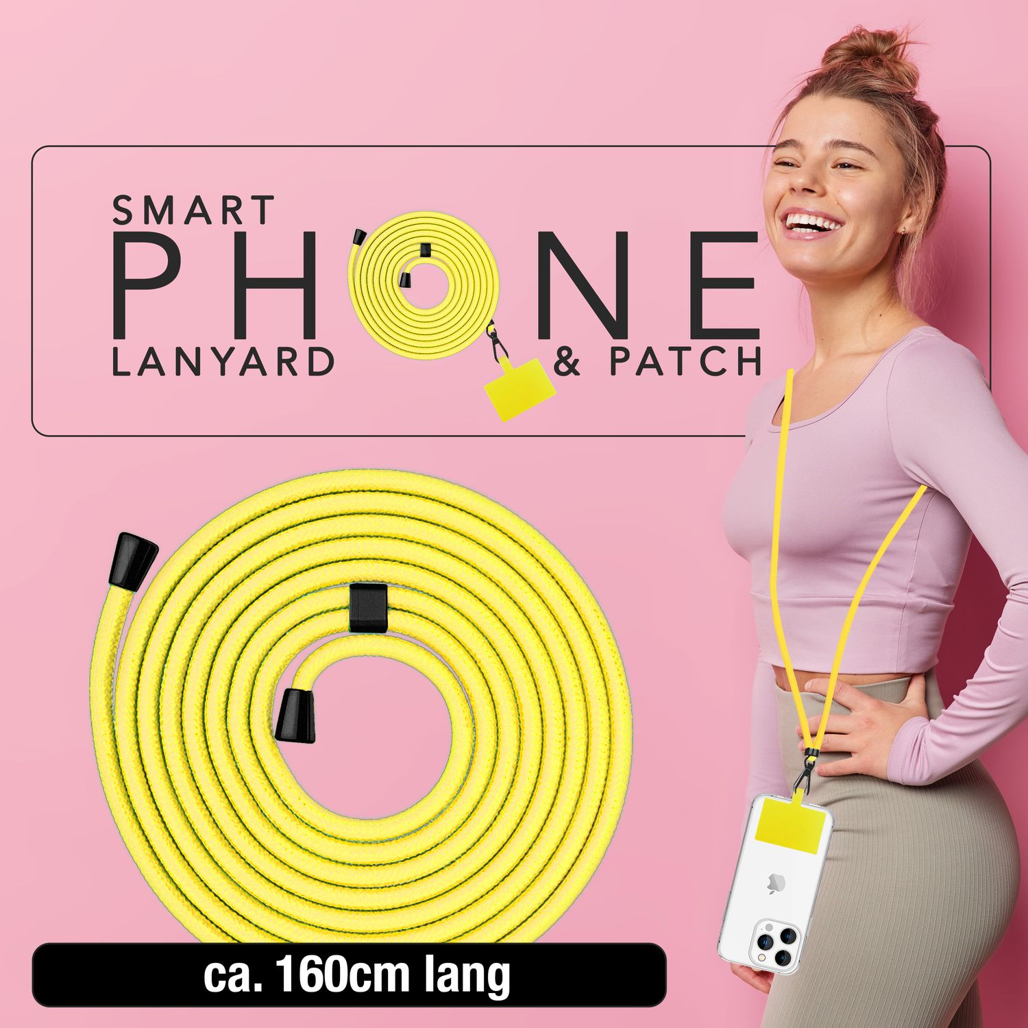 NALIA Universal-Kette mit Pad, Band für Handy-Hülle zum Umhängen, Karabinerhaken aus Metall (matt schwarz), Schlüsselband Umhängeband 160 CM, Crossbody Lanyard Gelb NALIA Universal Handykette