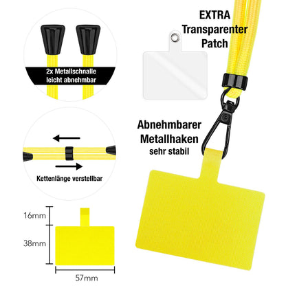 NALIA Universal-Kette mit Pad, Band für Handy-Hülle zum Umhängen, Karabinerhaken aus Metall (matt schwarz), Schlüsselband Umhängeband 160 CM, Crossbody Lanyard Gelb NALIA Universal Handykette