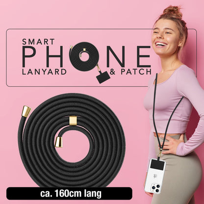 NALIA Universal-Kette mit Pad, Band für Handy-Hülle zum Umhängen, Karabinerhaken aus Metall (gold), Schlüsselband Umhängeband 160 CM, Crossbody Lanyard Schwarz NALIA Universal Handykette