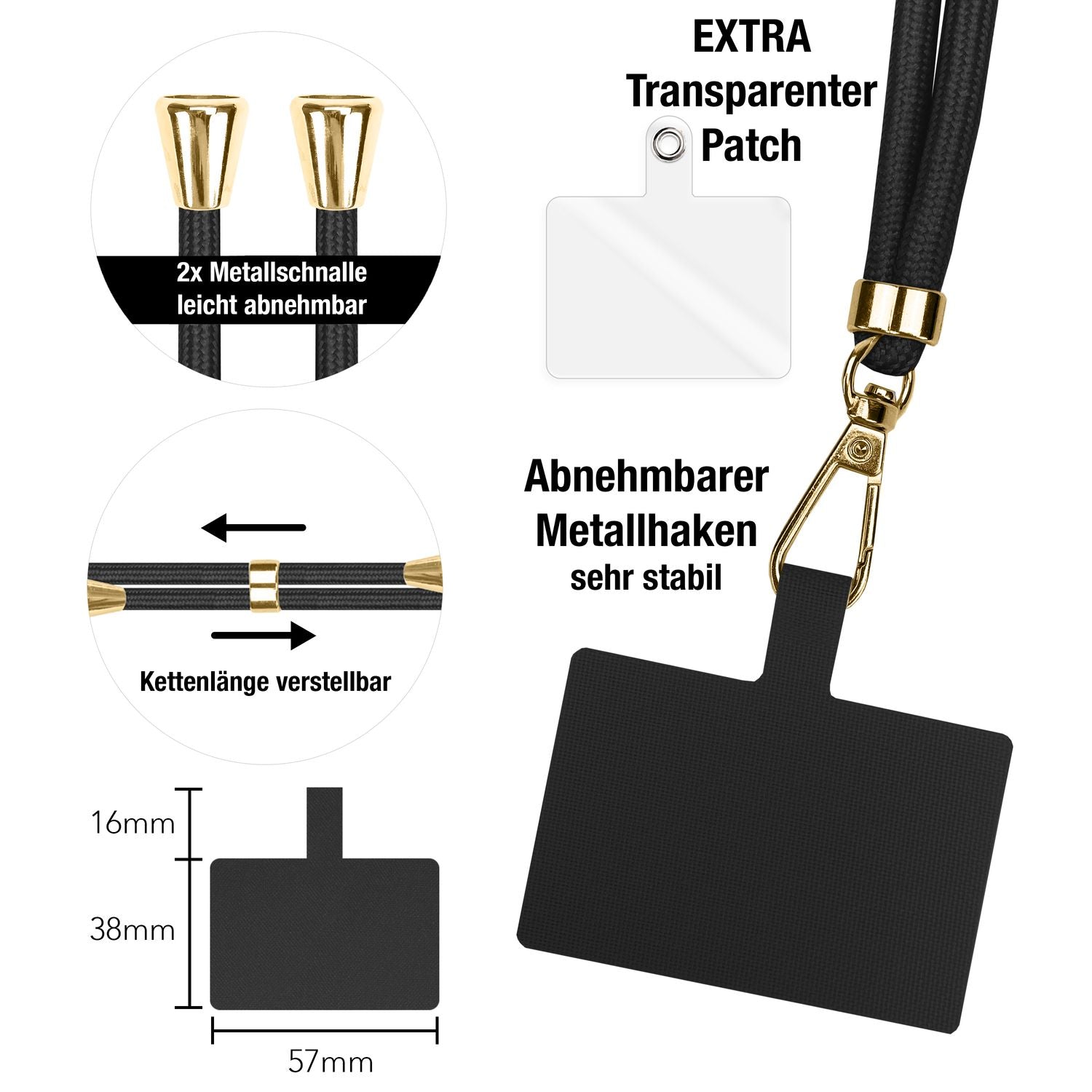 NALIA Universal-Kette mit Pad, Band für Handy-Hülle zum Umhängen, Karabinerhaken aus Metall (gold), Schlüsselband Umhängeband 160 CM, Crossbody Lanyard Schwarz NALIA Universal Handykette
