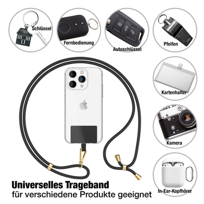 NALIA Universal Handykette für alle Smartphones – Robuste Kordel & 2 Patches – HOLDME AIR (Klassisches Lanyard mit Goldenem Karabiner) – Marke aus Berlin