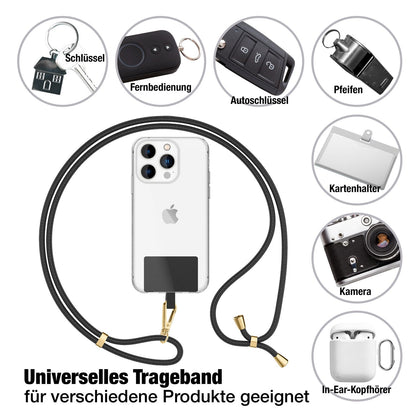 NALIA Universal-Kette mit Pad, Band für Handy-Hülle zum Umhängen, Karabinerhaken aus Metall (gold), Schlüsselband Umhängeband 160 CM, Crossbody Lanyard Schwarz NALIA Universal Handykette