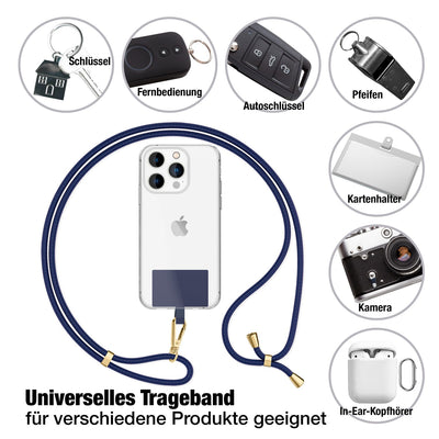 NALIA Universal Handykette für alle Smartphones – Robuste Kordel & 2 Patches – HOLDME AIR (Klassisches Lanyard mit Goldenem Karabiner) – Marke aus Berlin