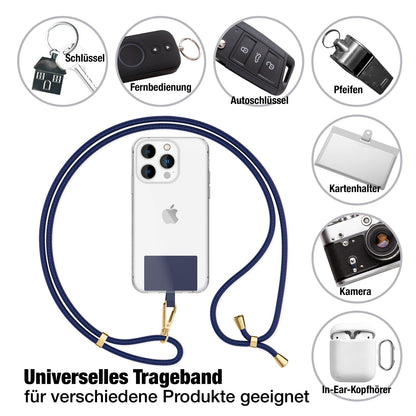 NALIA Universal-Kette mit Pad, Band für Handy-Hülle zum Umhängen, Karabinerhaken aus Metall (gold), Schlüsselband Umhängeband 160 CM, Crossbody Lanyard Dunkelblau NALIA Universal Handykette