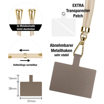 NALIA Universal-Kette mit Pad, Band für Handy-Hülle zum Umhängen, Karabinerhaken aus Metall (gold), Schlüsselband Umhängeband 160 CM, Crossbody Lanyard Weiß Beige NALIA Universal Handykette