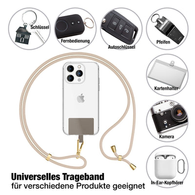 NALIA Universal Handykette für alle Smartphones – Robuste Kordel & 2 Patches – HOLDME AIR (Klassisches Lanyard mit Goldenem Karabiner) – Marke aus Berlin