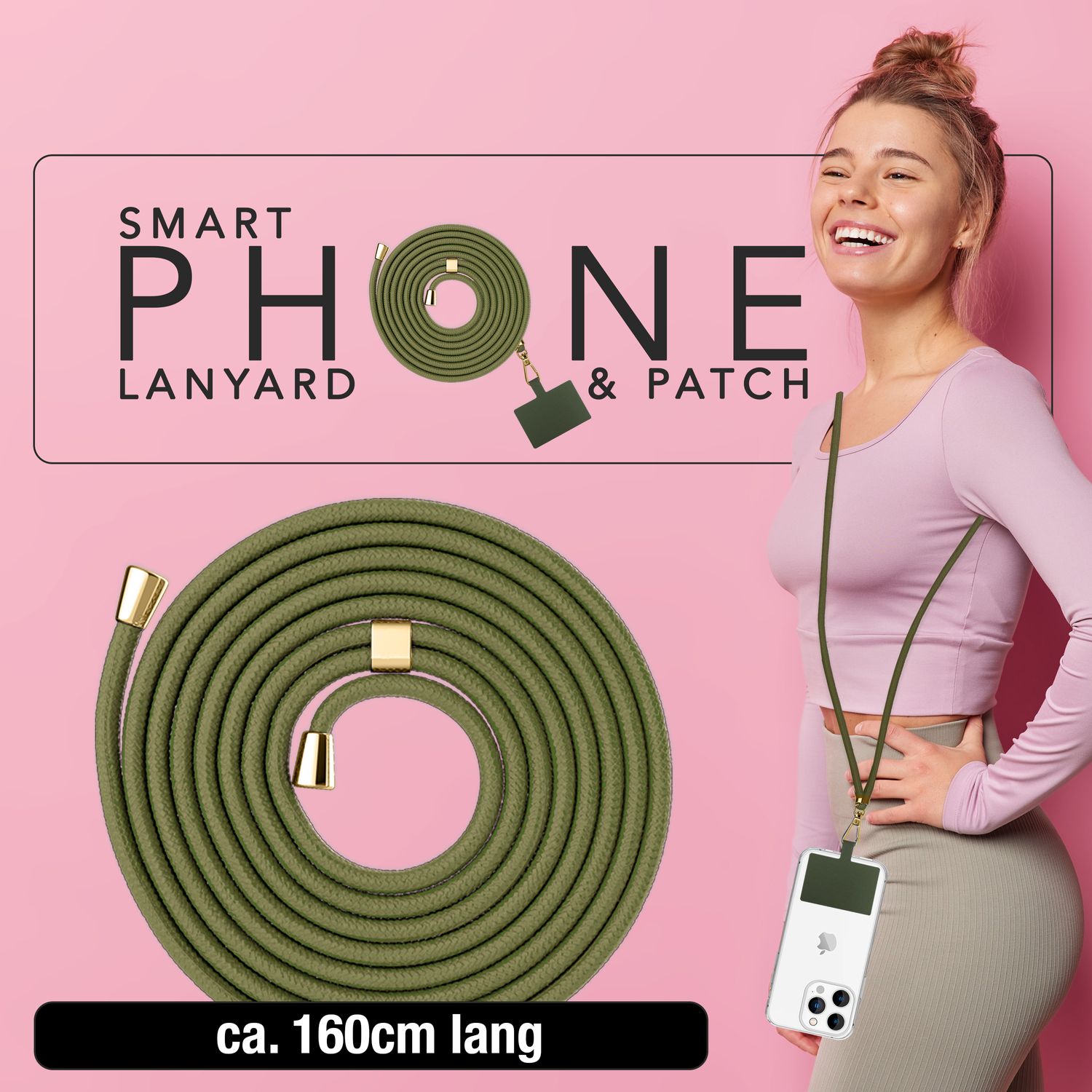 NALIA Universal-Kette mit Pad, Band für Handy-Hülle zum Umhängen, Karabinerhaken aus Metall (gold), Schlüsselband Umhängeband 160 CM, Crossbody Lanyard Oliv Grün NALIA Universal Handykette