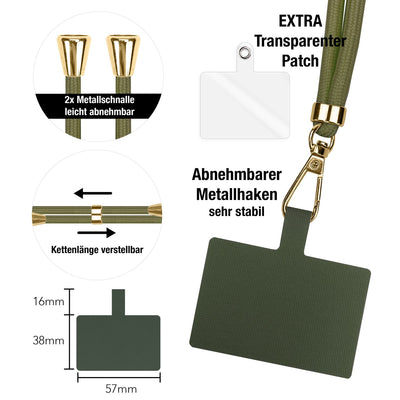 NALIA Universal Handykette für alle Smartphones – Robuste Kordel & 2 Patches – HOLDME AIR (Klassisches Lanyard mit Goldenem Karabiner) – Marke aus Berlin