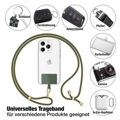 NALIA Universal Handykette für alle Smartphones – Robuste Kordel & 2 Patches – HOLDME AIR (Klassisches Lanyard mit Goldenem Karabiner) – Marke aus Berlin