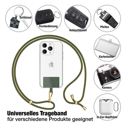 NALIA Universal-Kette mit Pad, Band für Handy-Hülle zum Umhängen, Karabinerhaken aus Metall (gold), Schlüsselband Umhängeband 160 CM, Crossbody Lanyard Oliv Grün NALIA Universal Handykette