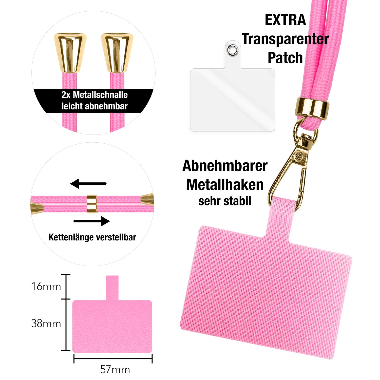 NALIA Universal-Kette mit Pad, Band für Handy-Hülle zum Umhängen, Karabinerhaken aus Metall (gold), Schlüsselband Umhängeband 160 CM, Crossbody Lanyard Rosa NALIA Universal Handykette