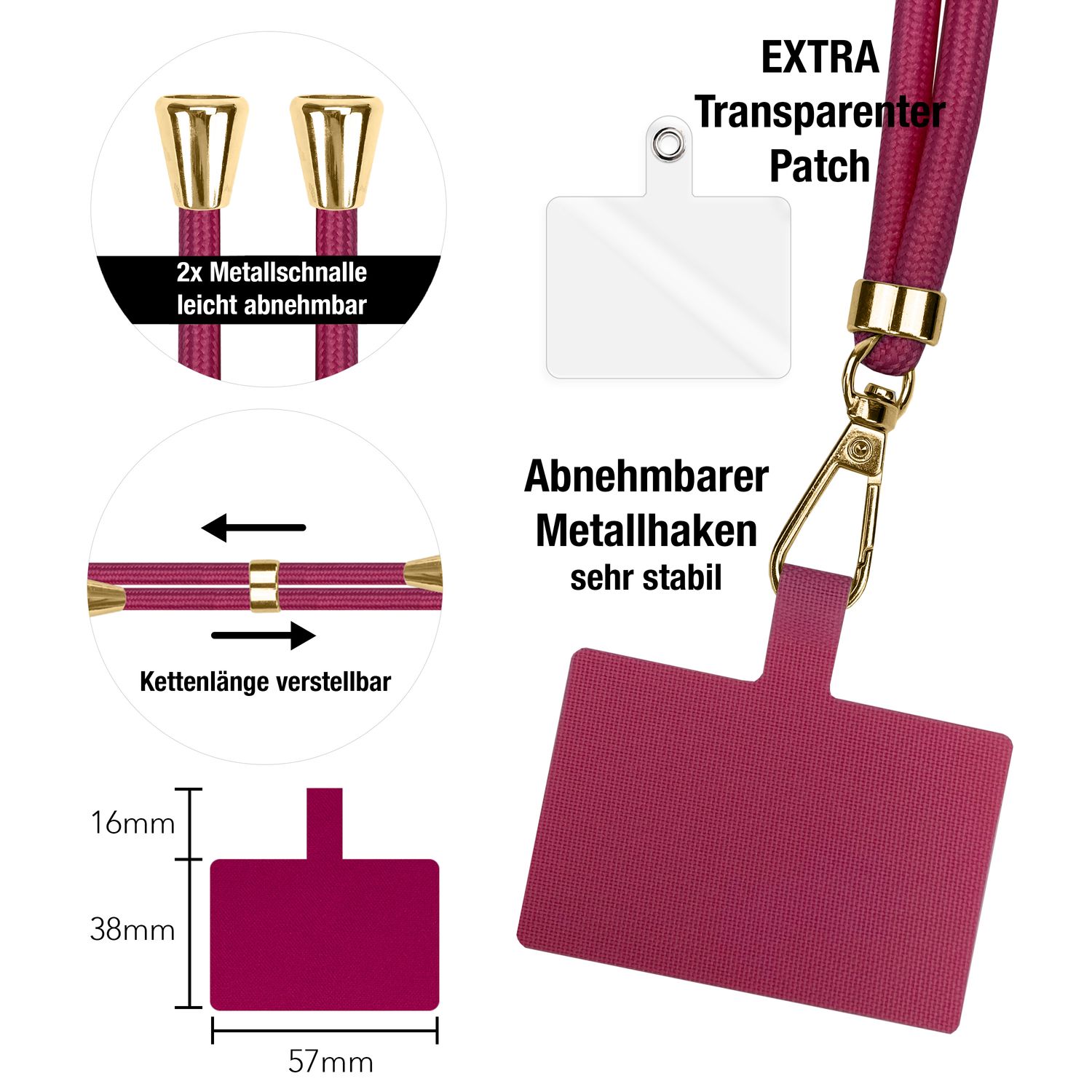 NALIA Universal-Kette mit Pad, Band für Handy-Hülle zum Umhängen, Karabinerhaken aus Metall (gold), Schlüsselband Umhängeband 160 CM, Crossbody Lanyard Bordeaux NALIA Universal Handykette