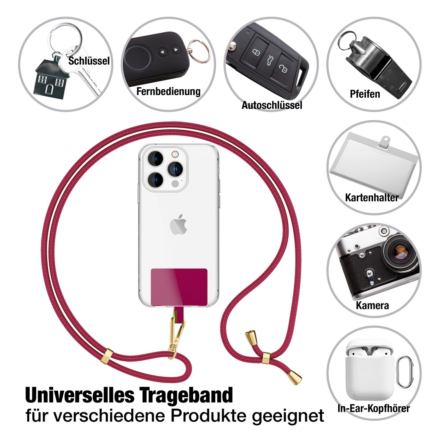 NALIA Universal-Kette mit Pad, Band für Handy-Hülle zum Umhängen, Karabinerhaken aus Metall (gold), Schlüsselband Umhängeband 160 CM, Crossbody Lanyard Bordeaux NALIA Universal Handykette
