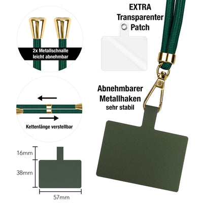 NALIA Universal Handykette für alle Smartphones – Robuste Kordel & 2 Patches – HOLDME AIR (Klassisches Lanyard mit Goldenem Karabiner) – Marke aus Berlin
