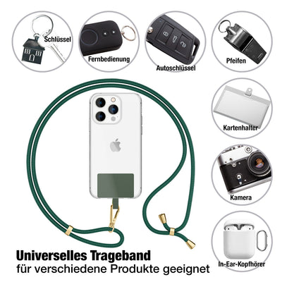 NALIA Universal Handykette für alle Smartphones – Robuste Kordel & 2 Patches – HOLDME AIR (Klassisches Lanyard mit Goldenem Karabiner) – Marke aus Berlin