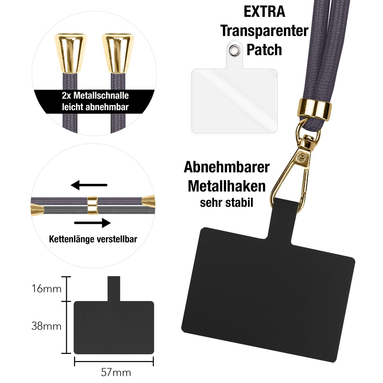 NALIA Universal-Kette mit Pad, Band für Handy-Hülle zum Umhängen, Karabinerhaken aus Metall (gold), Schlüsselband Umhängeband 160 CM, Crossbody Lanyard Dunkelgrau NALIA Universal Handykette