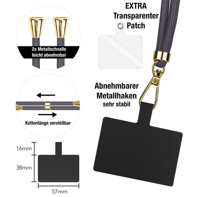NALIA Universal Handykette für alle Smartphones – Robuste Kordel & 2 Patches – HOLDME AIR (Klassisches Lanyard mit Goldenem Karabiner) – Marke aus Berlin