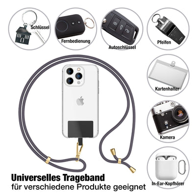 NALIA Universal Handykette für alle Smartphones – Robuste Kordel & 2 Patches – HOLDME AIR (Klassisches Lanyard mit Goldenem Karabiner) – Marke aus Berlin